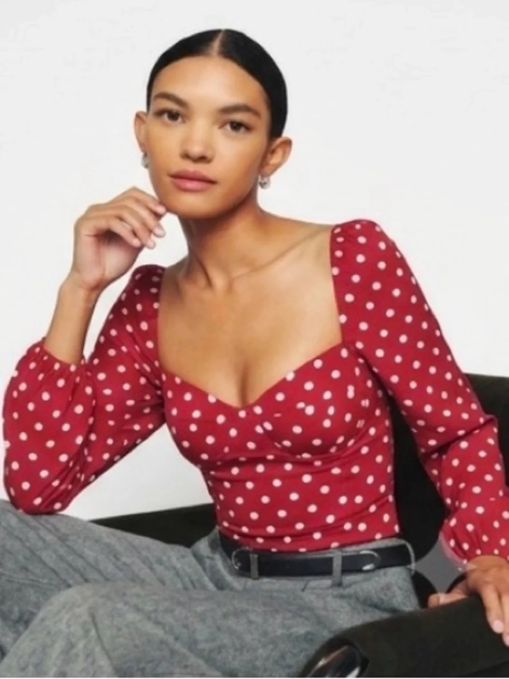 Reformation Red Polka Dot Square-Neck Long Sleeve Top